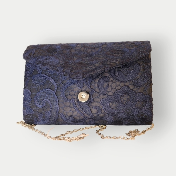 WOMENS ELEGANT FLORAL LACE CLUTCH HAND BAG WITH CHAIN STRAP - Picture 10 of 16